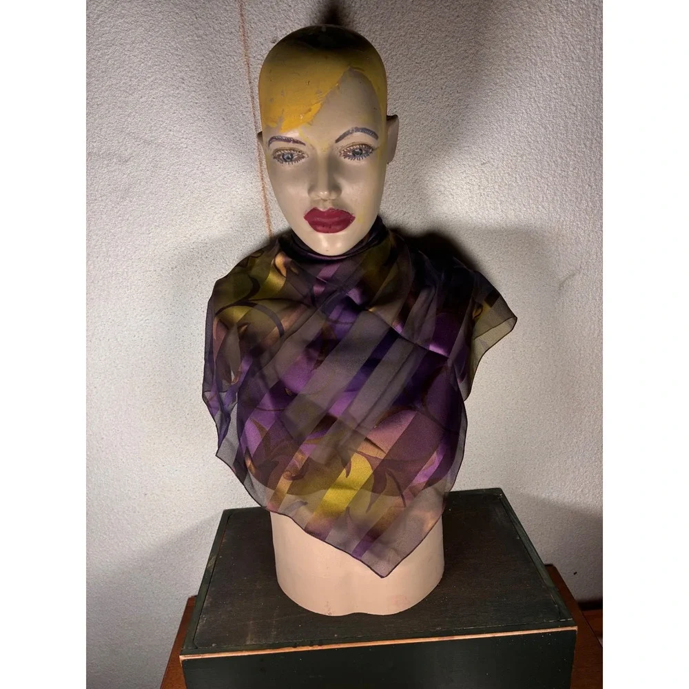 Unbranded Sheer Silk Scarf Womens OS Purple Gold Excellent Striped Floral Luxe